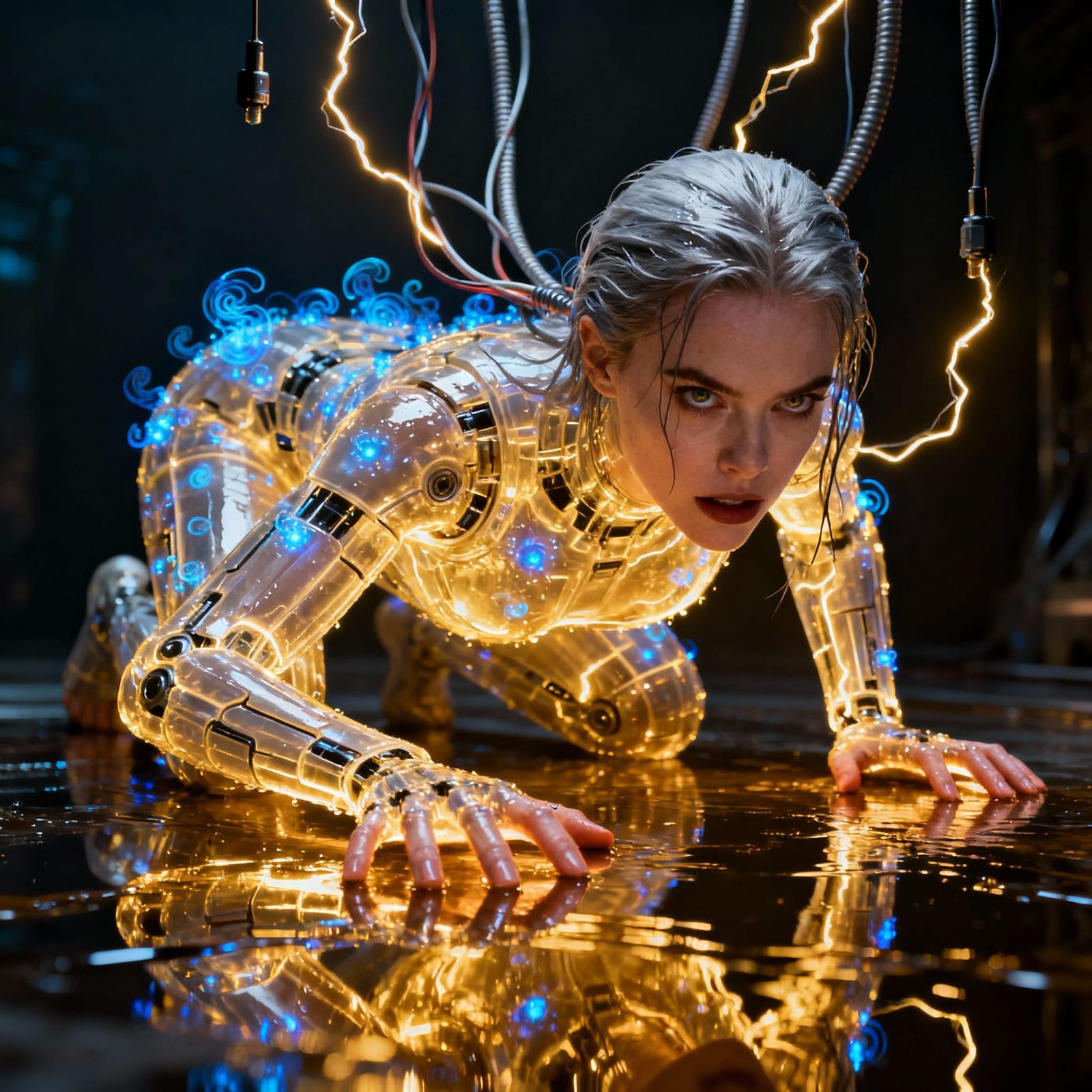 Translucent Cyborg Woman Crawls on Reflective Surface
