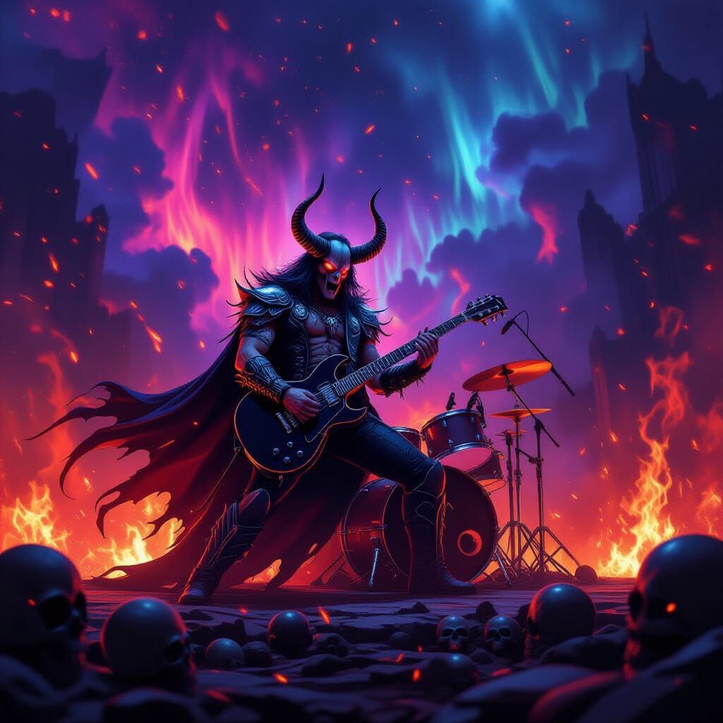 Hellvis Rocking Out on a Hellfire Stage