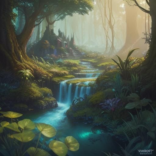 Enchanted Fairy with Golden Cup in Fantasy Landscape