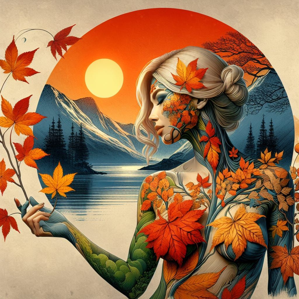 Woman Adorned in Autumn Leaves, Japanese Woodblock Style