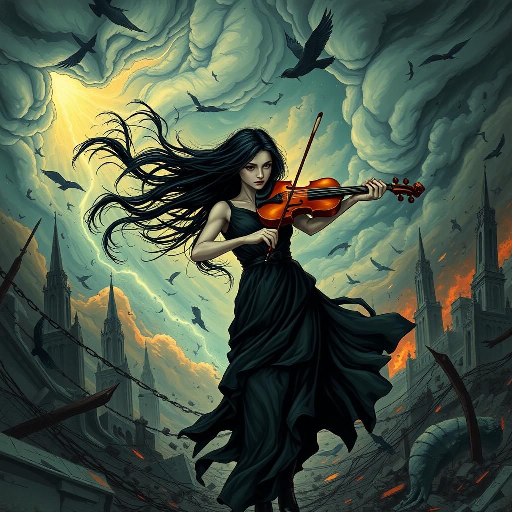 Violinist Amidst Destruction: A Haunting Melody