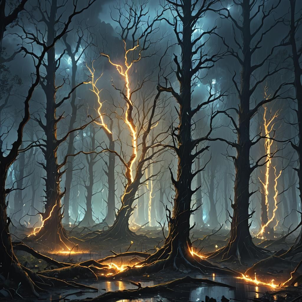Post-Apocalyptic Forest Drowning in Electric Rain