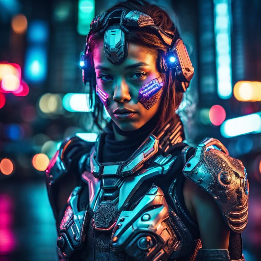Cyborg Girl in Neon City: Hyperrealistic Portrait