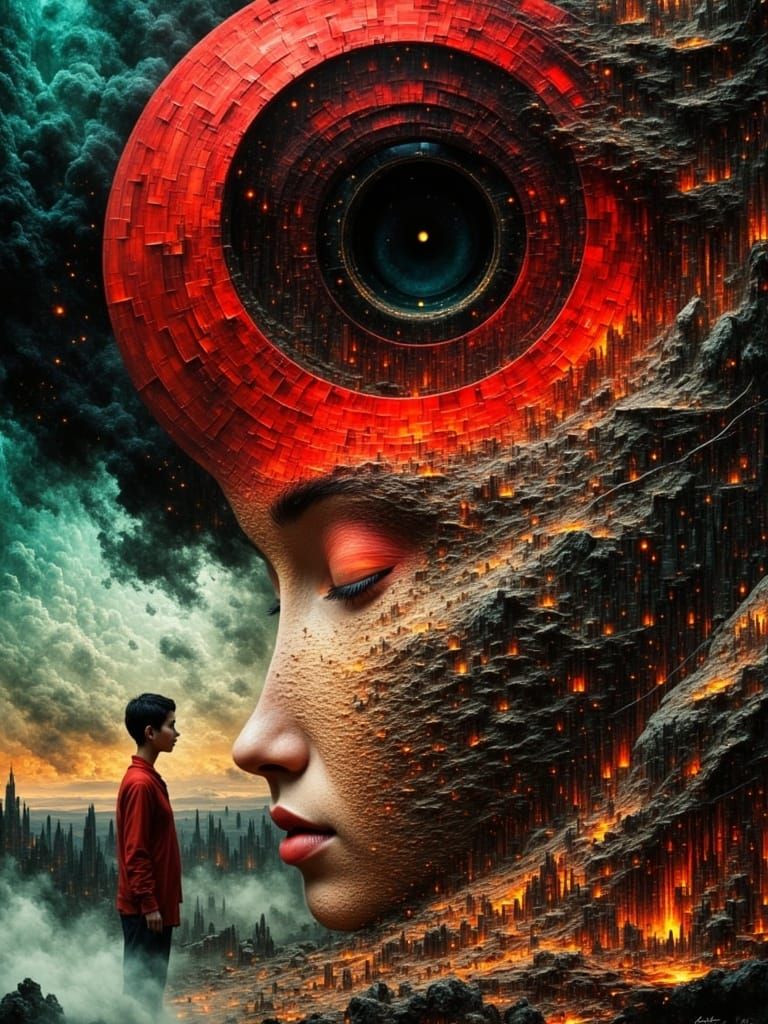 Surreal Eye Gazes at Red Circle in Dreamlike Style