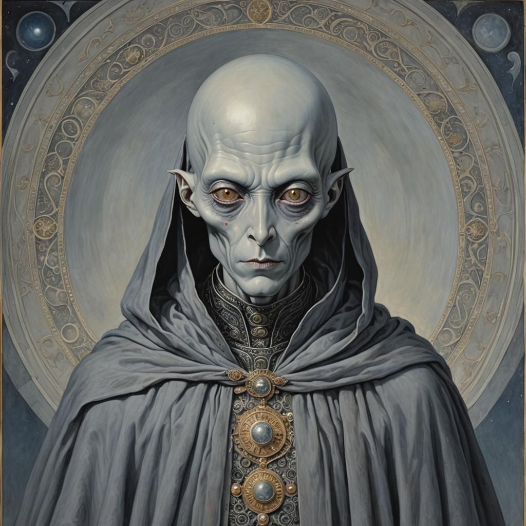 Thoughtful Grey Alien Portrait in Classic Illustration Style