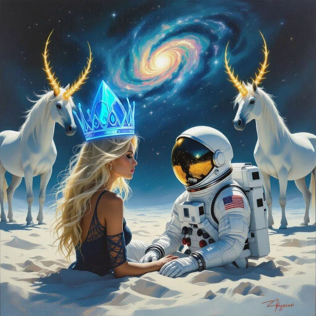 Cosmic Loneliness: Woman and Astronaut Adrift in Nebula