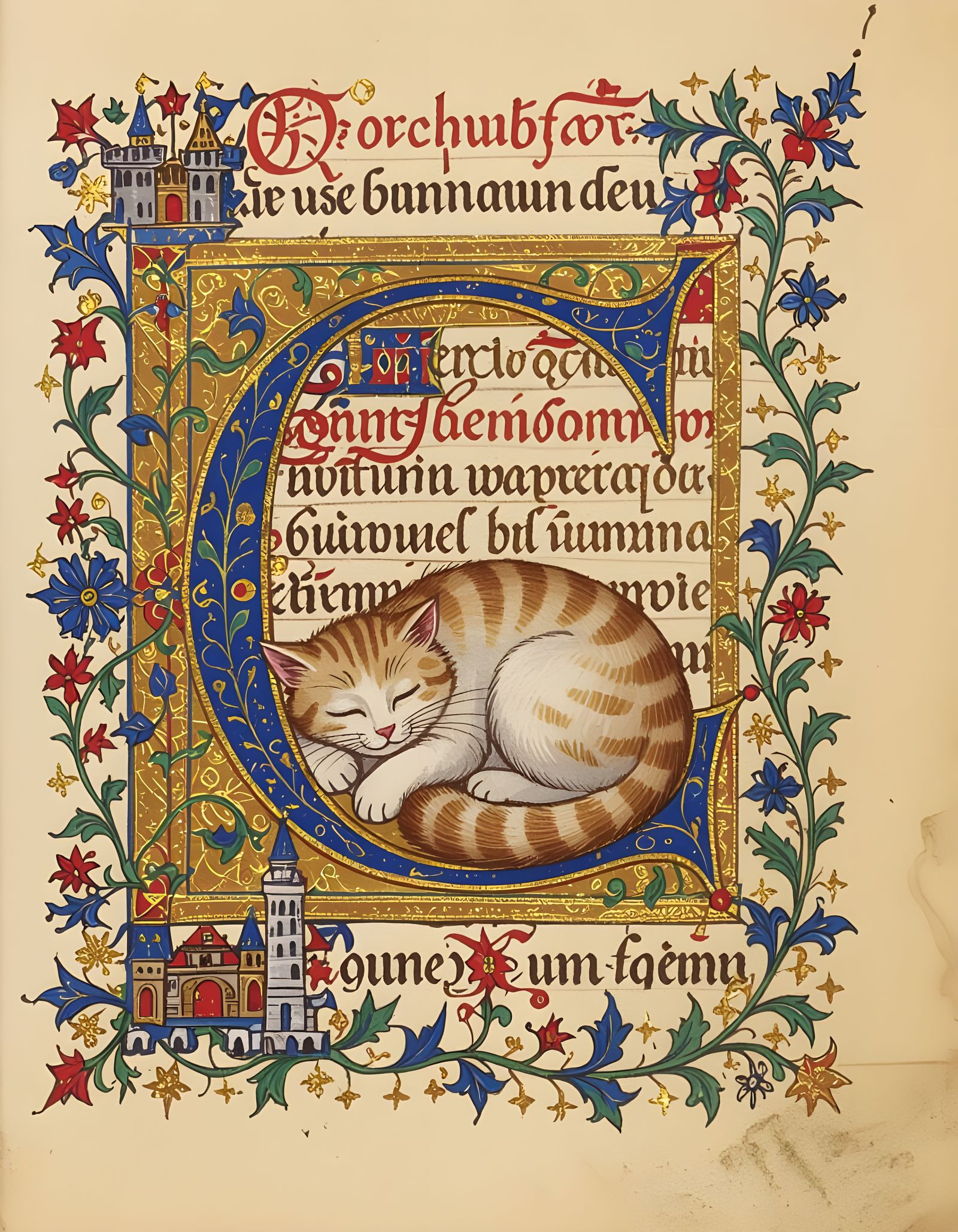 Medieval Illuminated Manuscript with Sleeping Cat