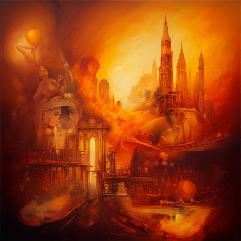 Vibrant Surreal Dreamscape in Warm, Golden Hues