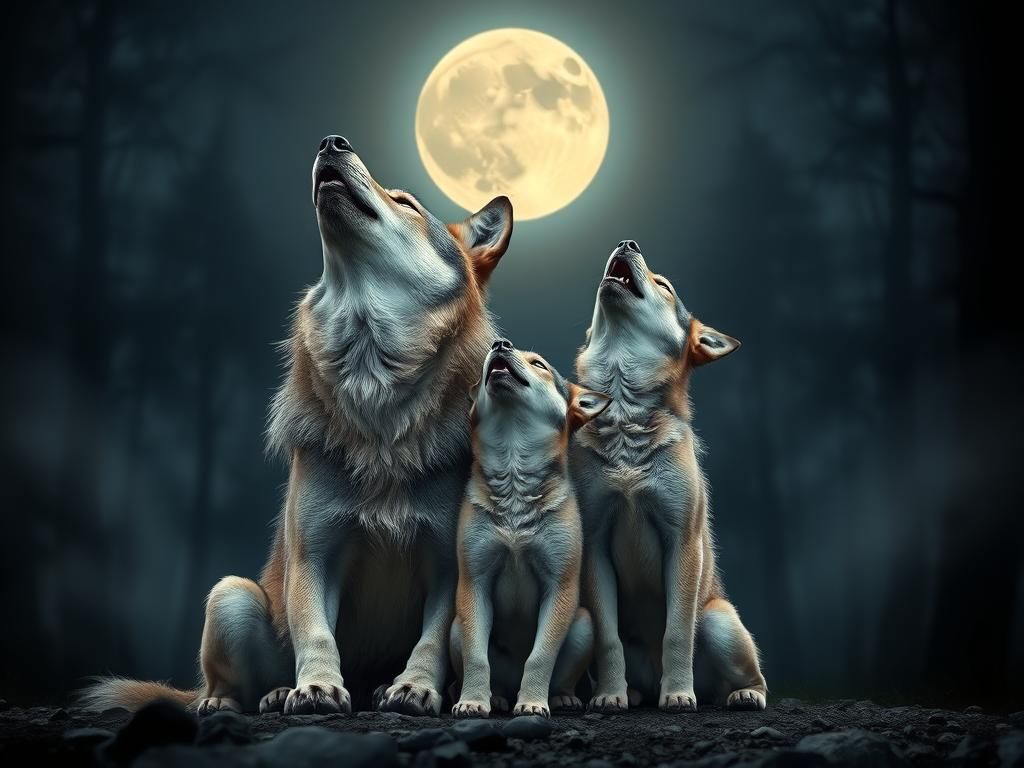 Wolves Howling at Moon in Hyperrealistic Style