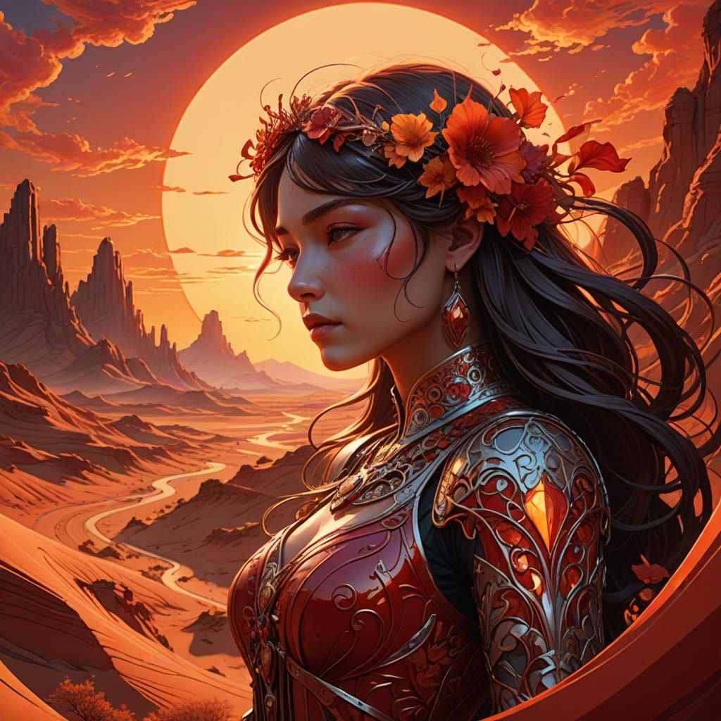 Red Desert Sunset in Art Nouveau Style