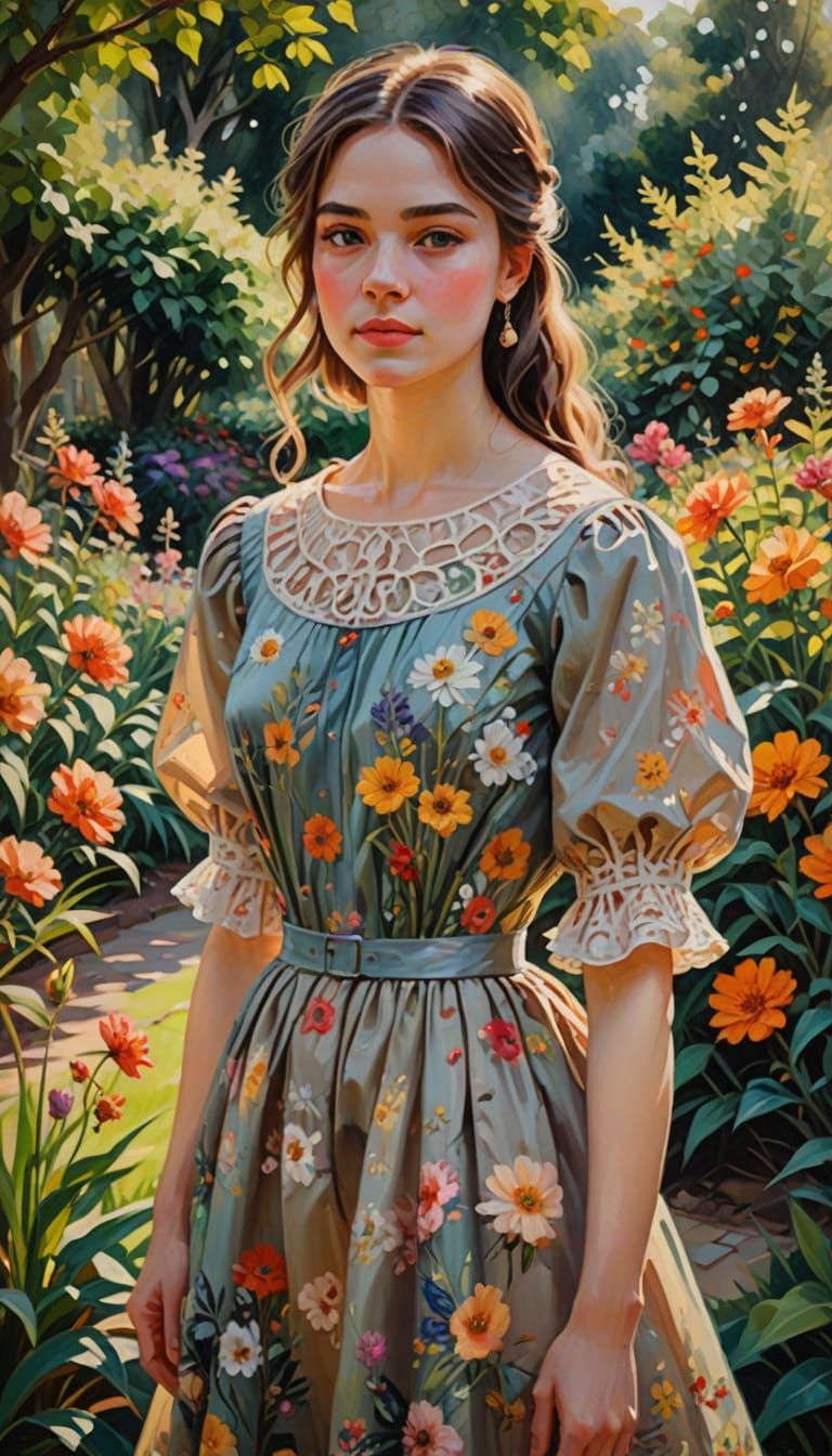 Girl in Garden: Impressionist Oil Painting