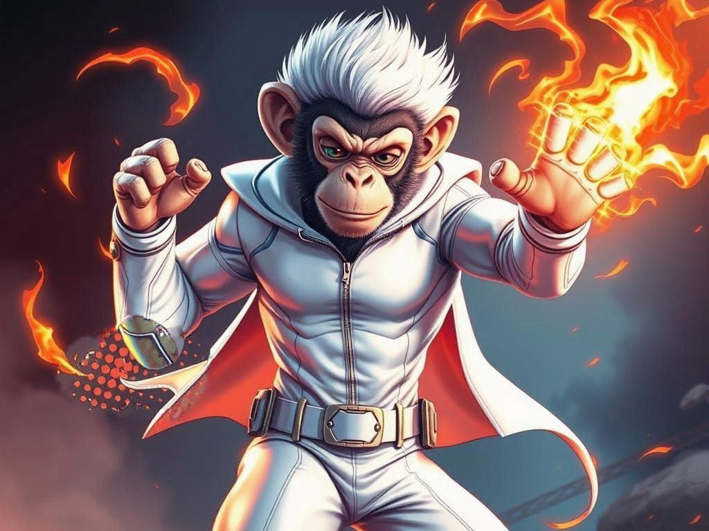 Glossy White Superhero Monkey with Fiery Powers