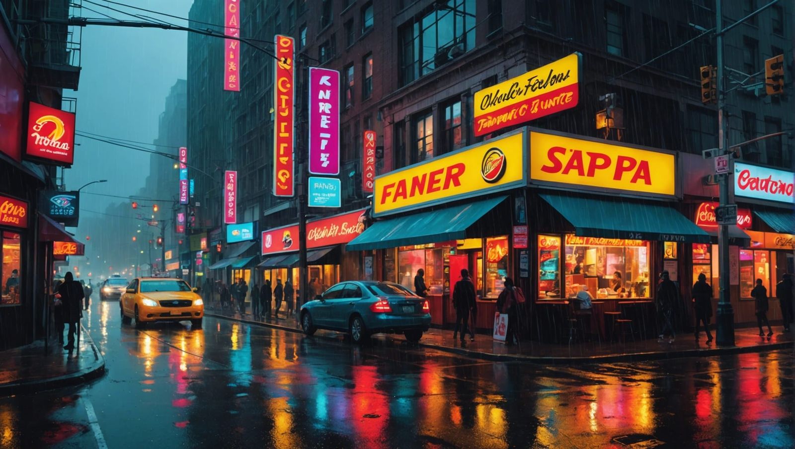 Fantastical Rainy Street Corner with Neon Lights