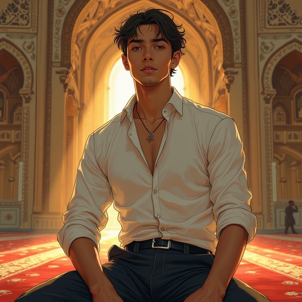 Young Man in Islamic Mosque with Golden Lighting