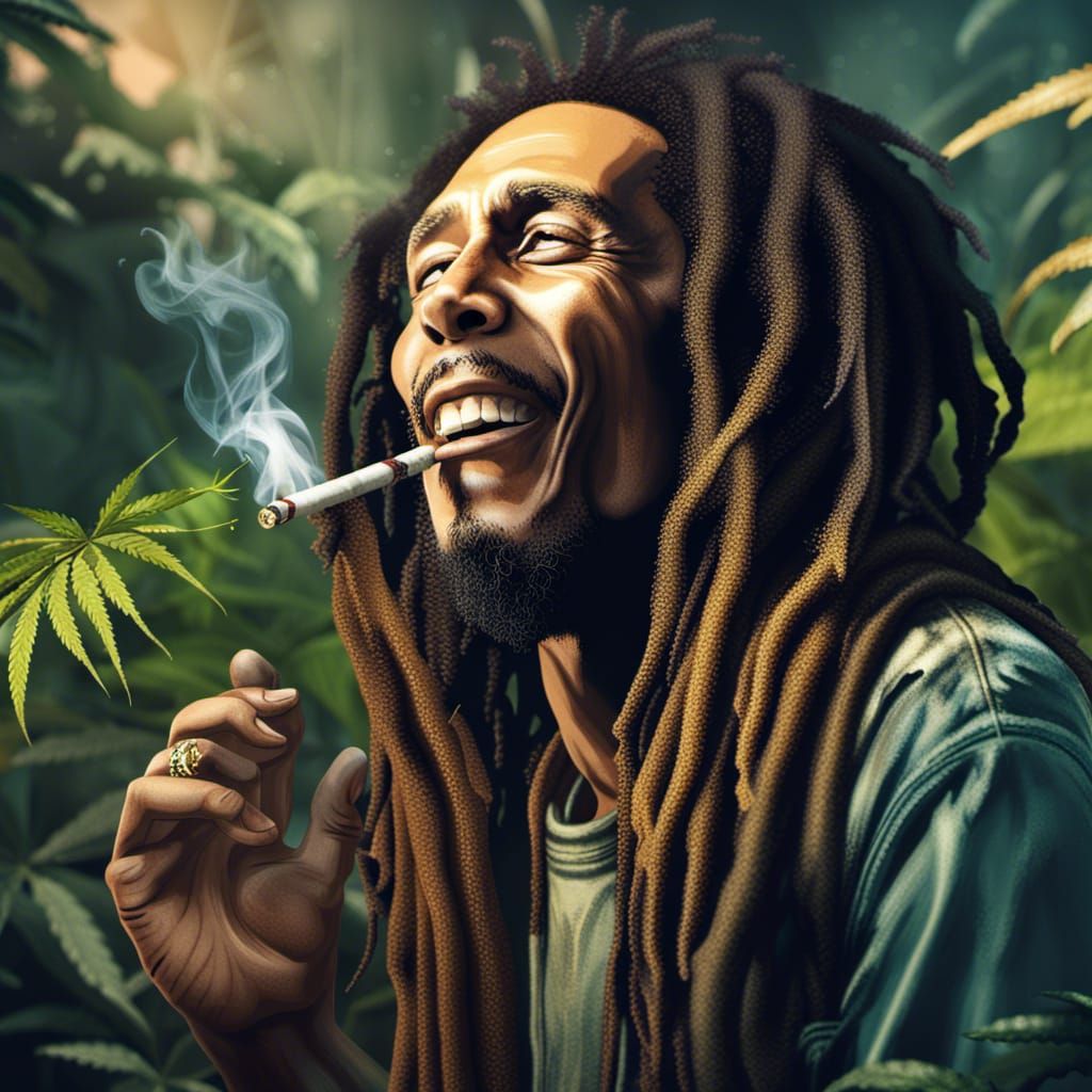 Bob Marley smoking a spliff with marijuana plants in background
