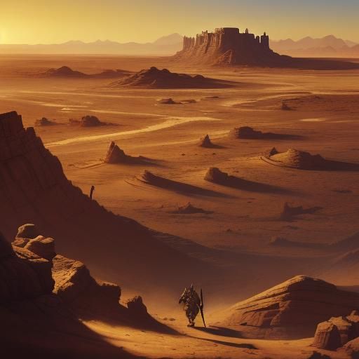 Conan Emerging from the Desert Sands in Vibrant Oil Painting