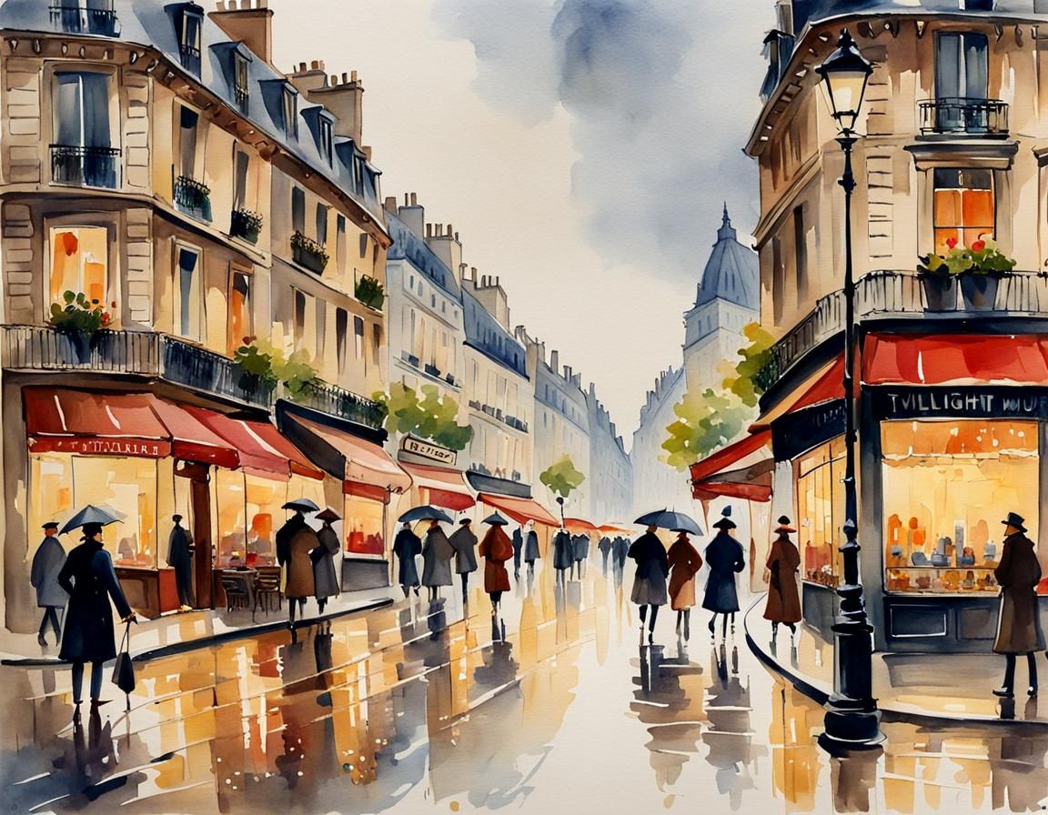 Rainy Paris Street in Spring: Watercolor Painting