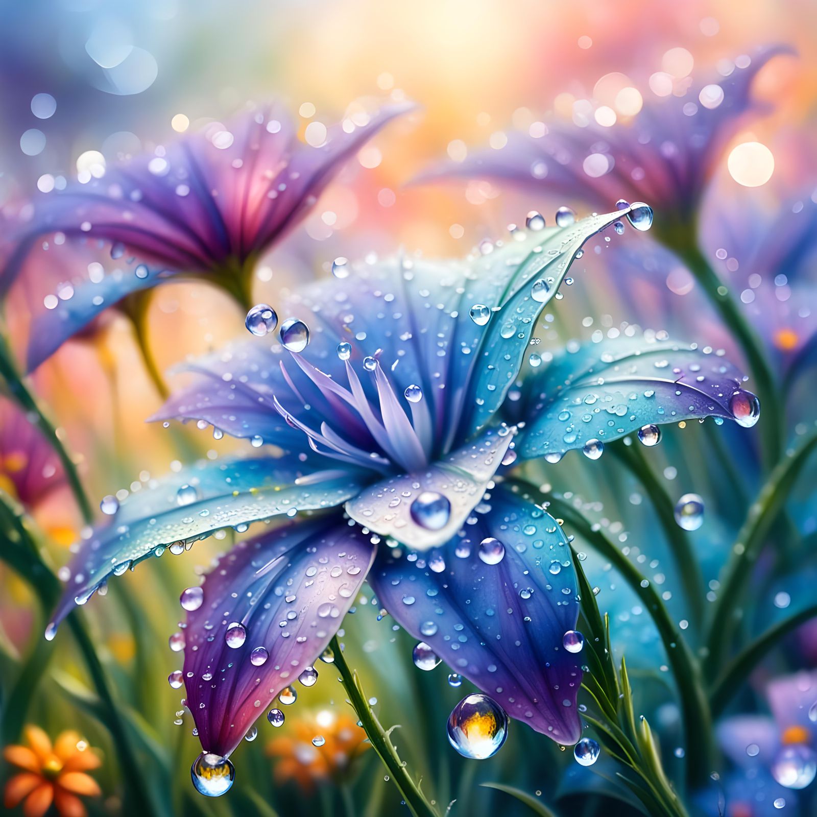 Glittering Dew Drops on Flowers in Watercolor Style
