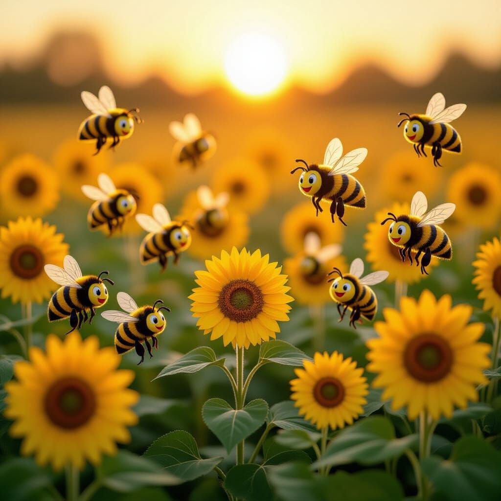 Joyful Bees in Sunflower Field