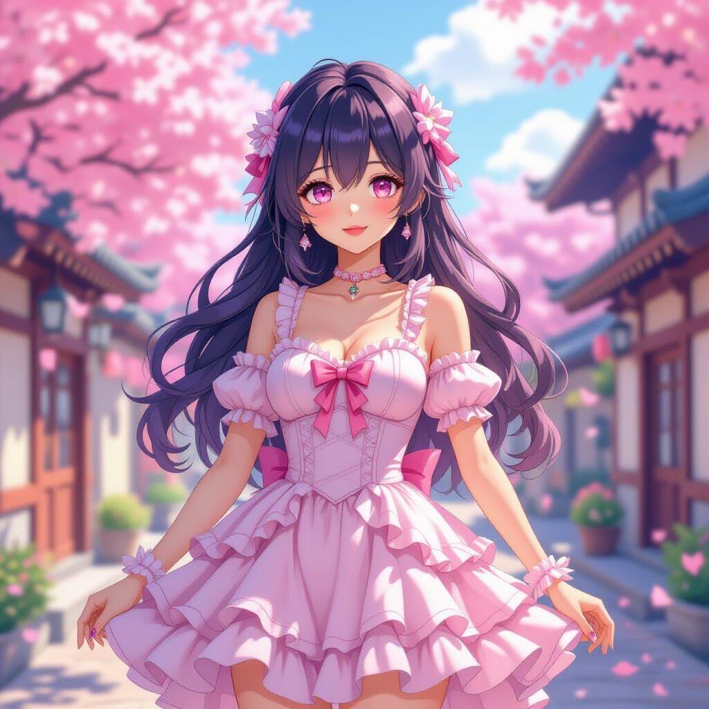 Anime Woman with Pink Hair in Pastel Dress