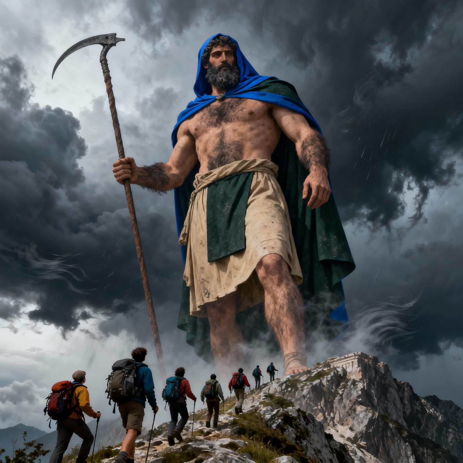 Olympian Titan Emerges from Storm Clouds Over Mount Olympus