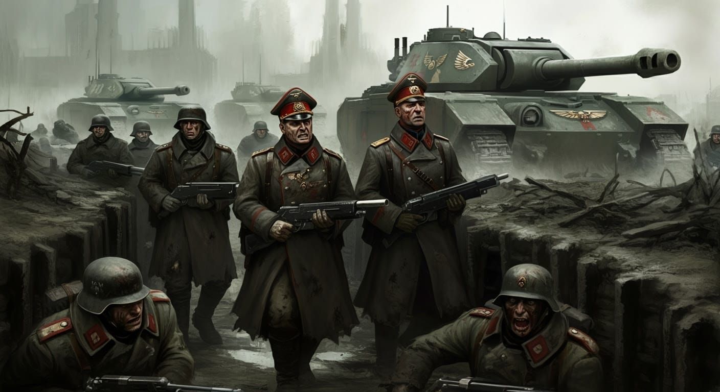 War-Torn Soldiers in Trenches as Gritty Industrial Landscape