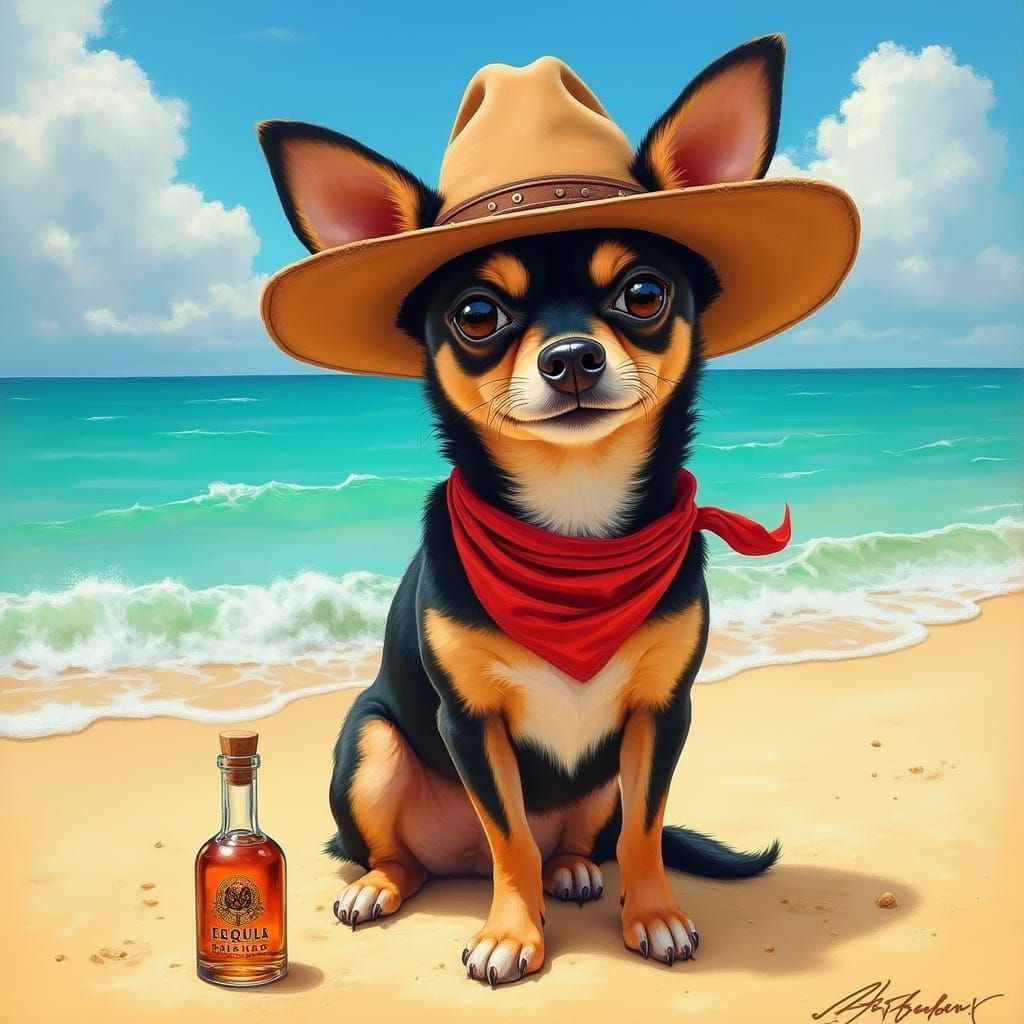 Charming Chihuahua Cowboy Beach Scene in Whimsical Pop Surre...