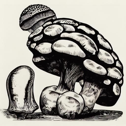 Giant Mushrooms in Glass Case as Linocut