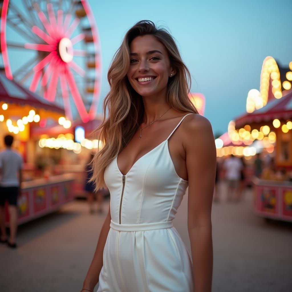 Joyful Woman at Fairground: Fashion Portrait