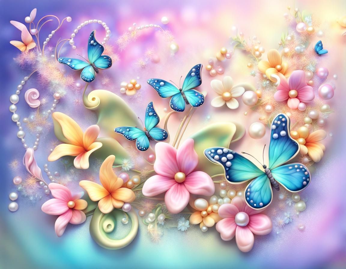 airbrushed style, a picture of a 3d illustration, a beautiful spring scene of several beautiful butterflies and flowers,...