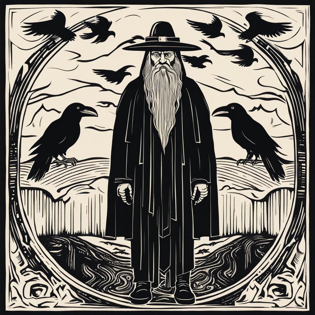 Edvard Munch Style: Odin with his two ravens Hugin and Munin II