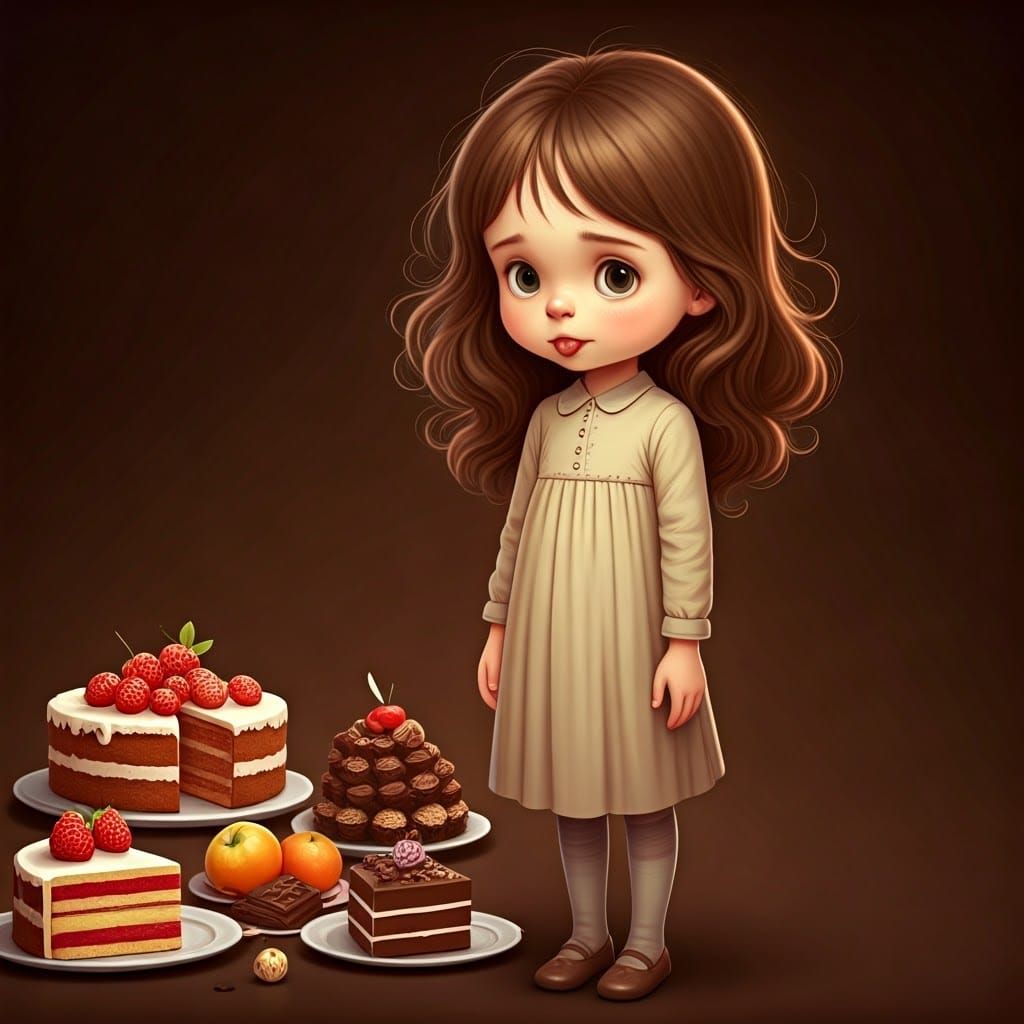 Hungry Girl with Cakes: A Semi-Realistic Drawing