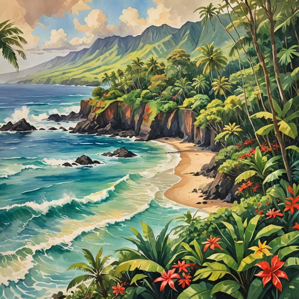 Hawaii in Gouache Style Impressionist Painting