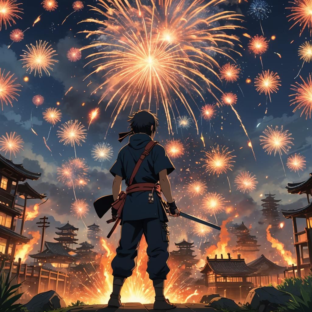 Ninja Amidst Fireworks: Studio Ghibli Anime Visual