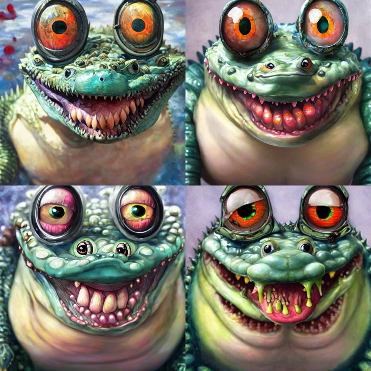 Grotesque Multi-Eyed Alligator in Mixed Media Collage