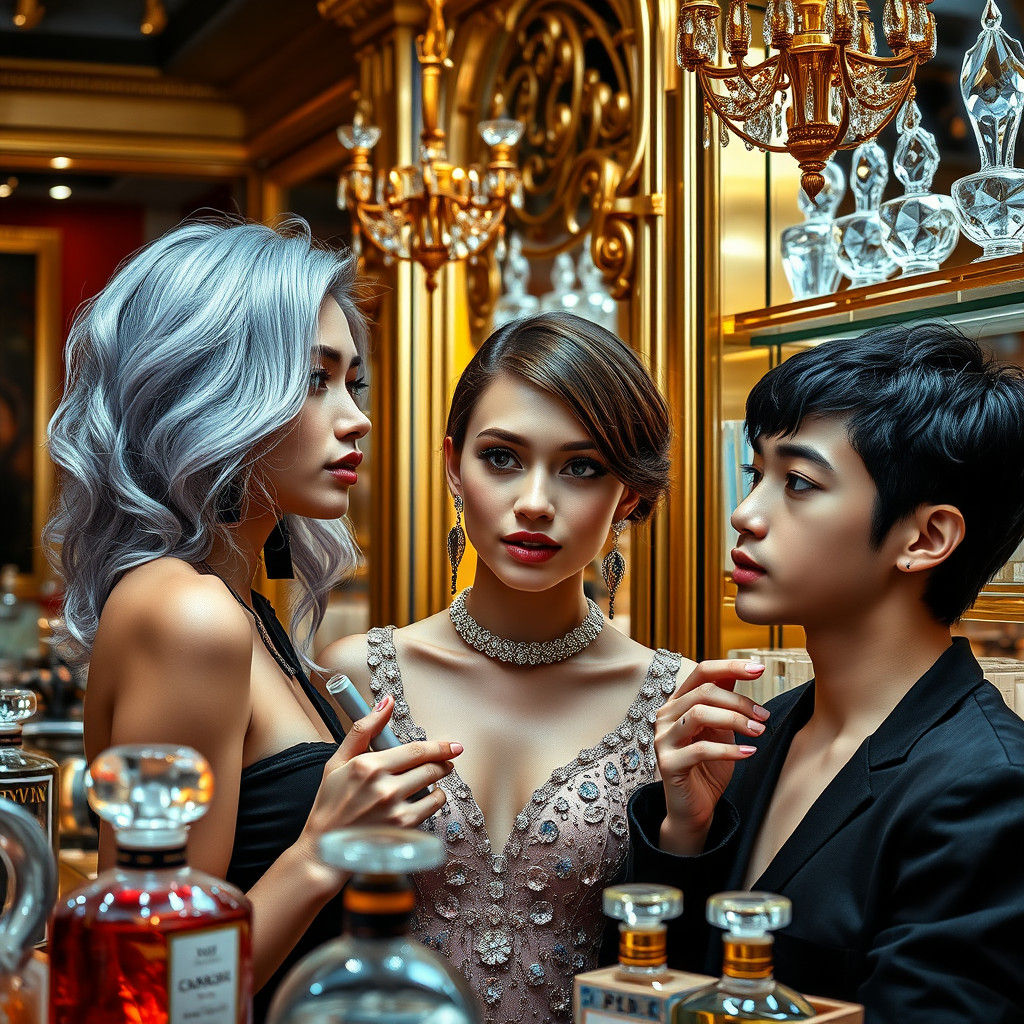 Glamorous Trio in Perfume Store, Hyperrealistic Style