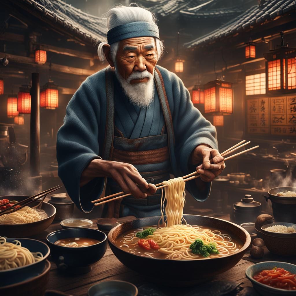 Japanese Man Making Ramen: Detailed Matte Painting