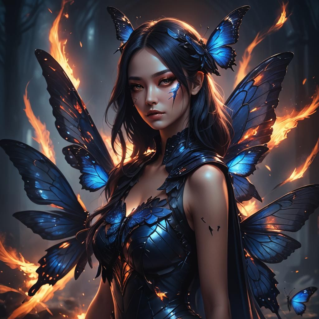 Dark Fantasy Butterfly Girl with Burned Wing