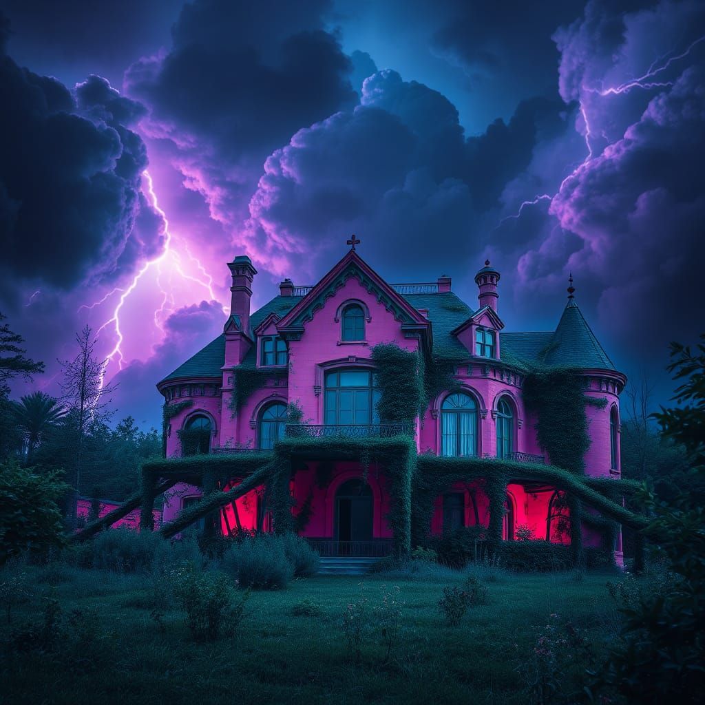 Eerie Pink Mansion in Dark Futuristic Style