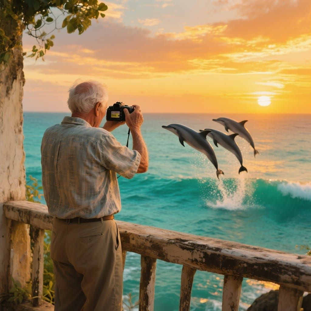 Man Captures Ocean View with Dolphins at Sunrise
