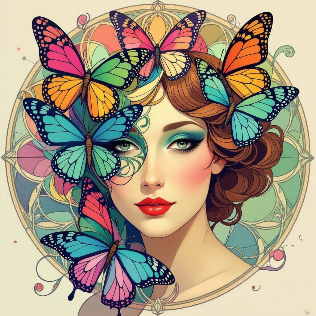 Art Nouveau Woman Merges into Geometric Butterfly Kaleidosco...