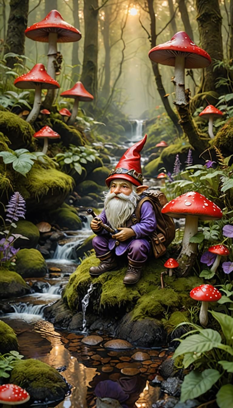 Gnome Under Toadstool: Whimsical Folk Art Illustration