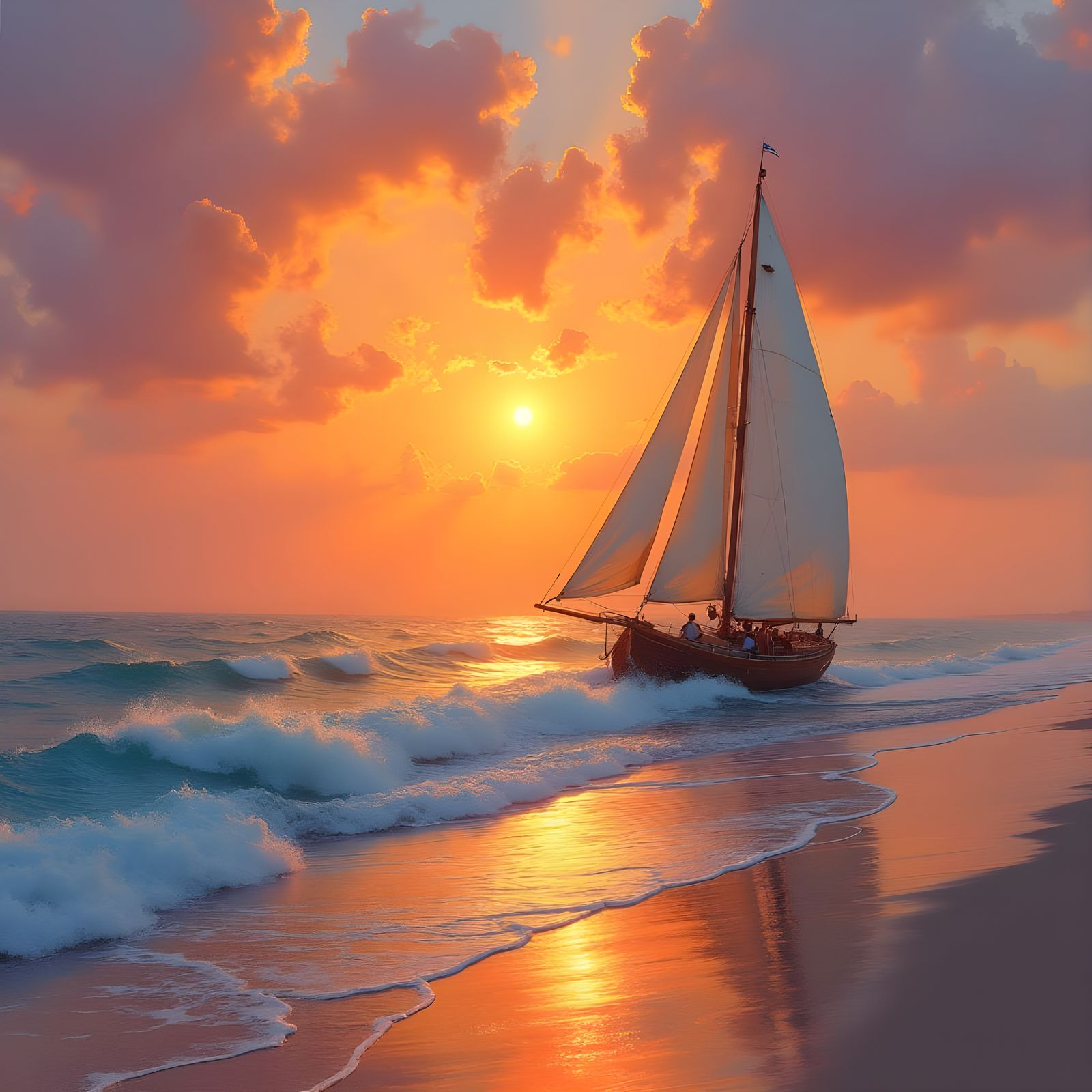 Vibrant Sunset Beach Scene with Sailing Boat