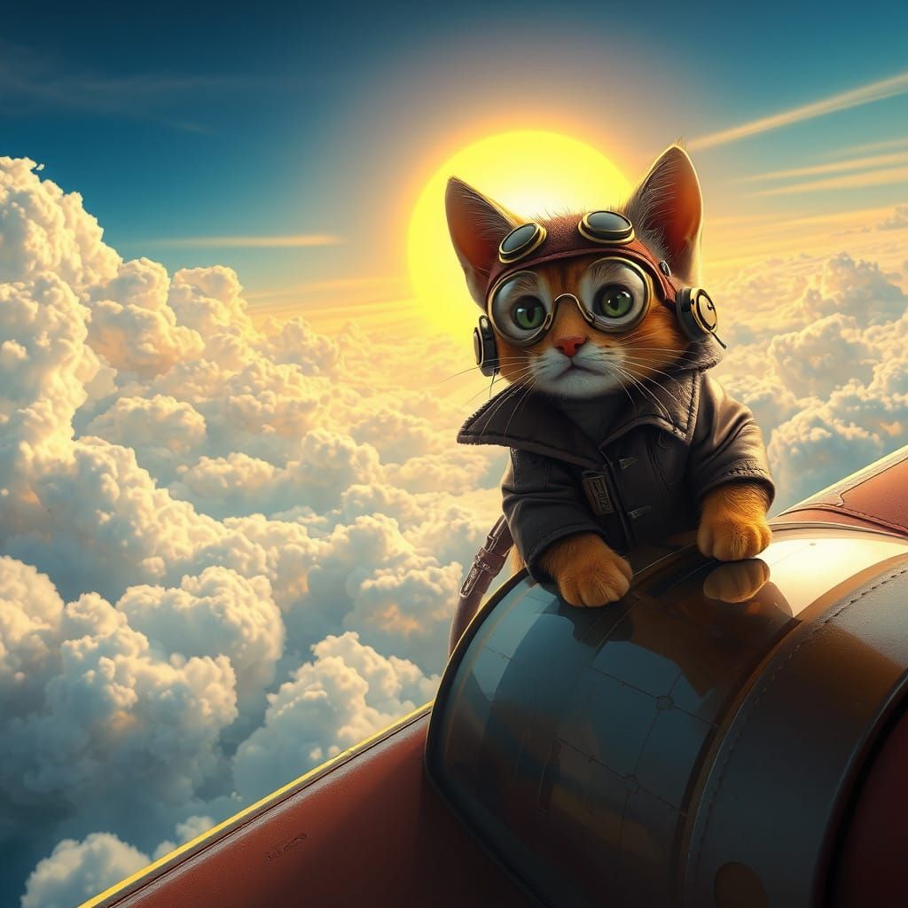 Kitten Soars Through a Vibrant, Surreal Sky in Vintage Bipla...