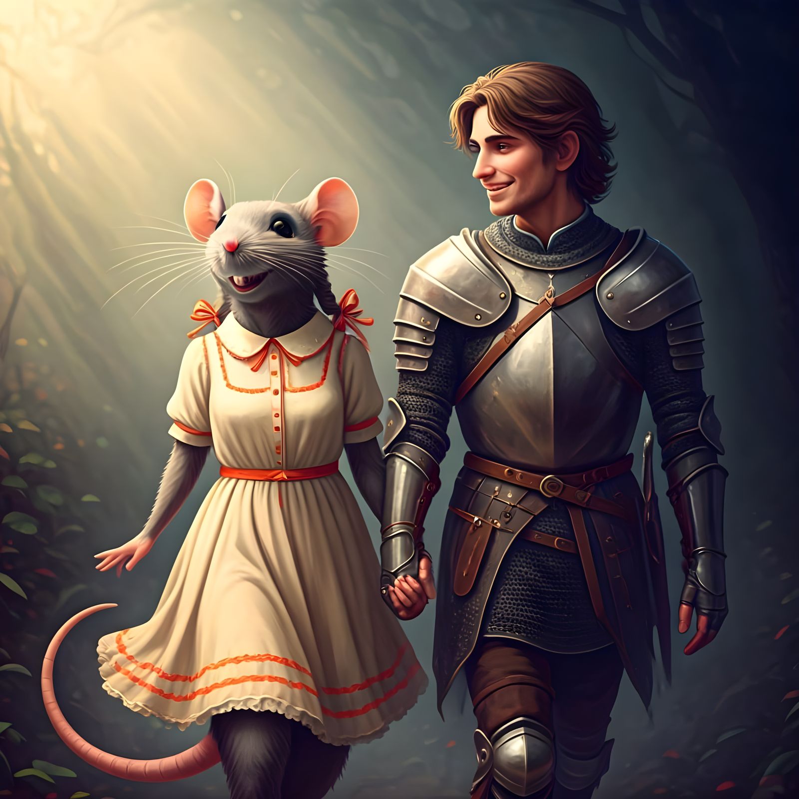 Romantic Rat-Girl and Knight in Dreamy Landscape