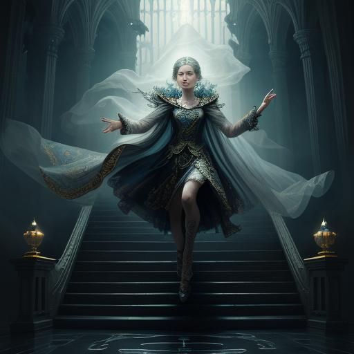 Ethereal Ghost Descends Staircase: Digital Matte Painting