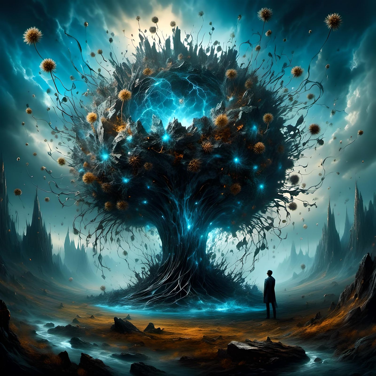 Surreal Flora and Cosmic Vortex in Dreamscape Landscape