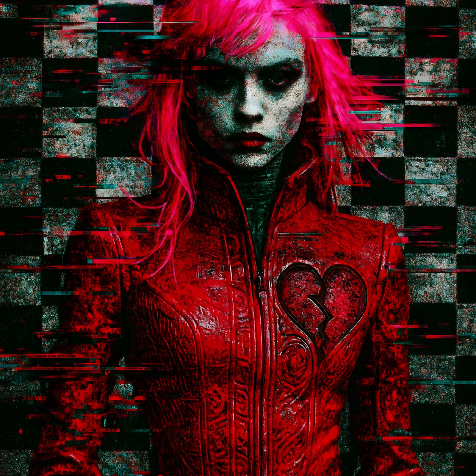 Glitchcore Fashion: Sinister Model in Datamoshed Checkerboar...