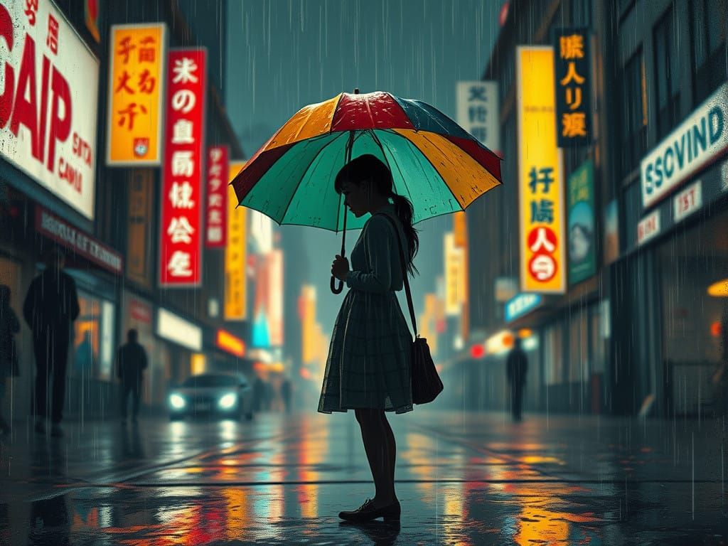 Vibrant Rainy Cityscape in Neon Noir Style