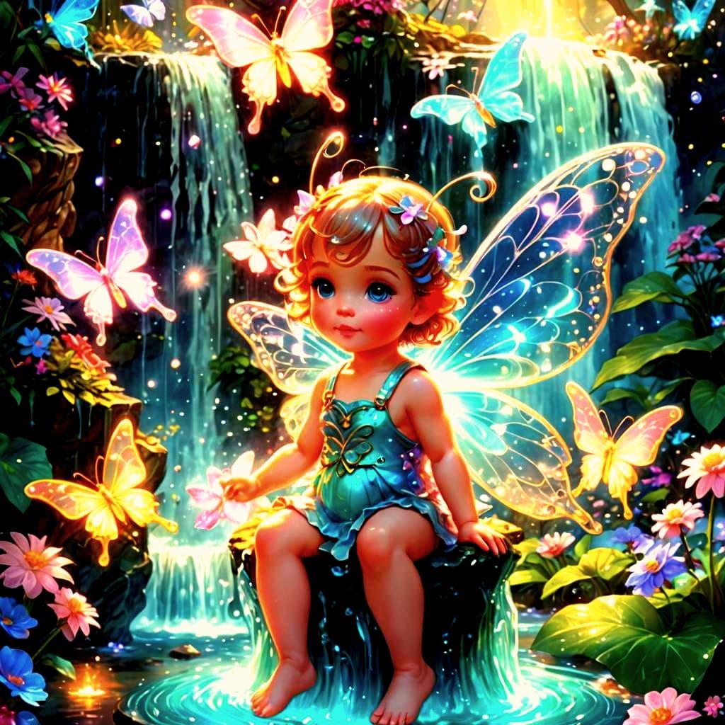 Chibi Fairy with Bioluminescent Butterflies in Candy Art